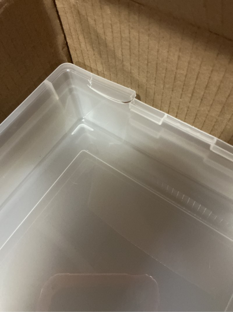 Condition photo showing As Is for iris usa 6 qt. craft storage bins with lids, 4-pack, |made in usa|, clip box, small plastic sensory bin tote organizer containers for art supplies, paper, & office, stackable - clear/seafoam blue 6 qt. - 4 pack