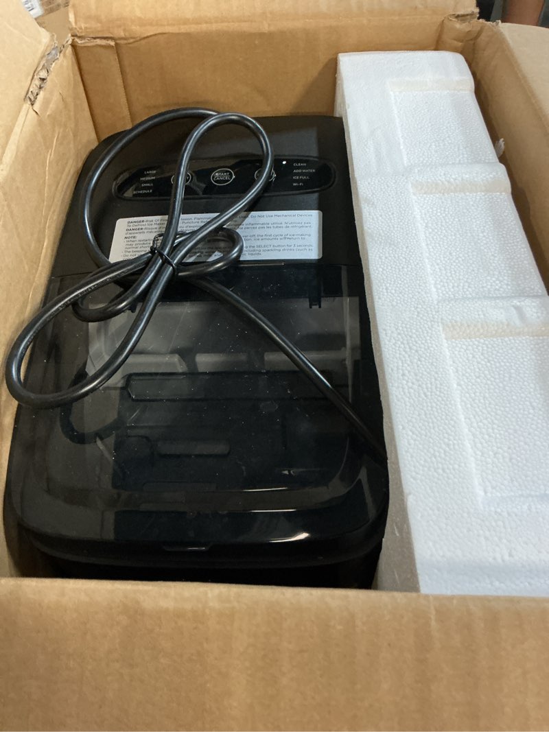 Condition photo showing As Is for goveelife smart ice maker countertop, portable ice machine with voice control, 9 ice cubes in 6 minutes 3 sizes, 26lbs/24hrs, self cleaning rgb lights, quiet ice maker with scoop for kitchen black