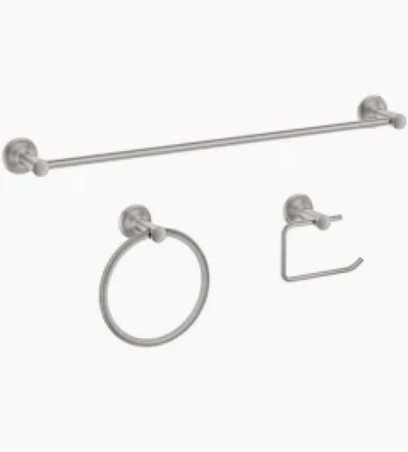 Condition photo showing Good Condition for Project Source 3 -Piece Dover Brushed Nickel Decorative Bathroom Hardware Set Towel Bar, Toilet Paper Holder, Towel Ring Included ( similar 