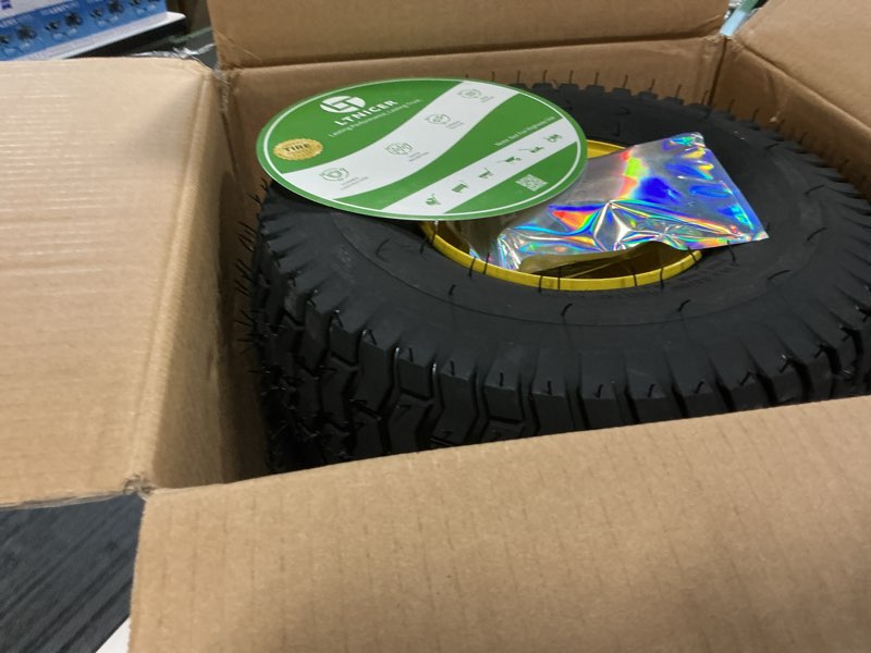 Condition photo showing Good Condition for 15x6.00-6 lawn mower tires, yellow wheel,15x6-6 front tire -3" offset hub,3/4" bushing replacement for craftsman/john deere/cub cadet riding mowers,4 ply tubeless (2 pack) 2 pcs