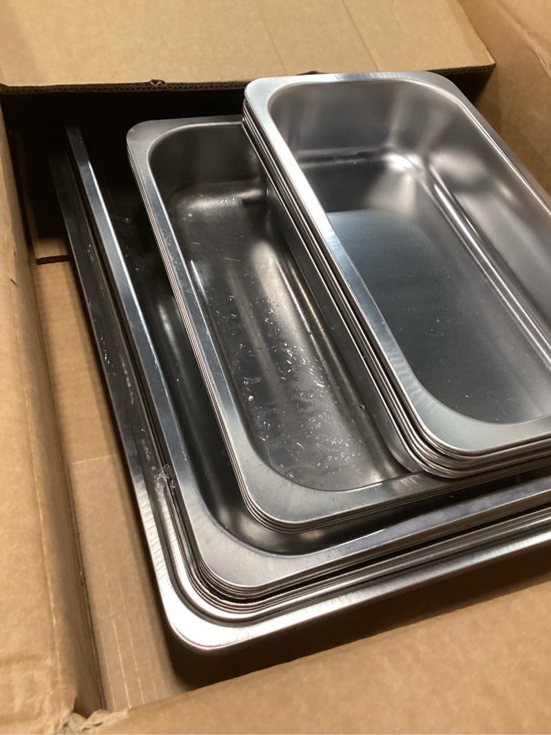 Condition photo showing As Is for WARMOUNTS Rectangular Chafing Dishes for Buffet with Upgraded Multi-Size Food Pans (9QT, 4Pack), Large Chafing Dish Set w/Mirror-Polished Stainless Steel, Rolled Rim, Foldable Frame, for Parties