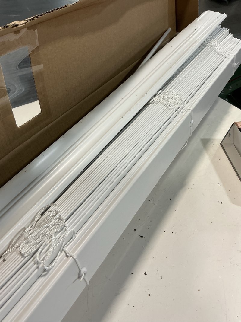 Condition photo showing As Is for allen + roth trim at home 2-in slat width 35-in x 48-in cordless white faux wood room darkening horizontal blinds