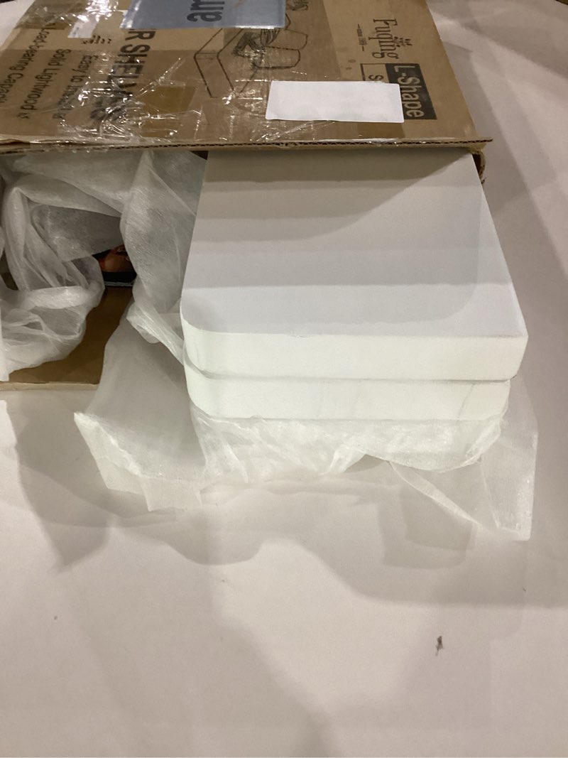 Condition photo showing As Is for fuqing corner floating shelves, wall shelf set of 3, shelves for wall storage, solid wood shelves for storage, wall mount wooden display shelf for bathroom bedroom kitchen garage, white invisible bracket, white