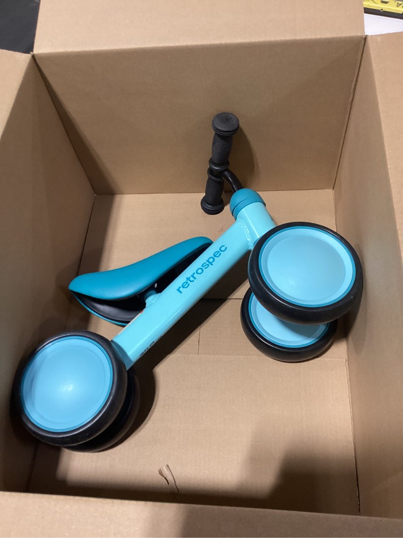 Condition photo showing Good Condition for Retrospec Cricket Baby Balance Bike, 4-Wheel Ride-On Toy for Ages 12-24 Months – First Bike & Toddler Bike for 1 Year Old Boys & Girls, First Birthday Gift Blue Ridge One Size