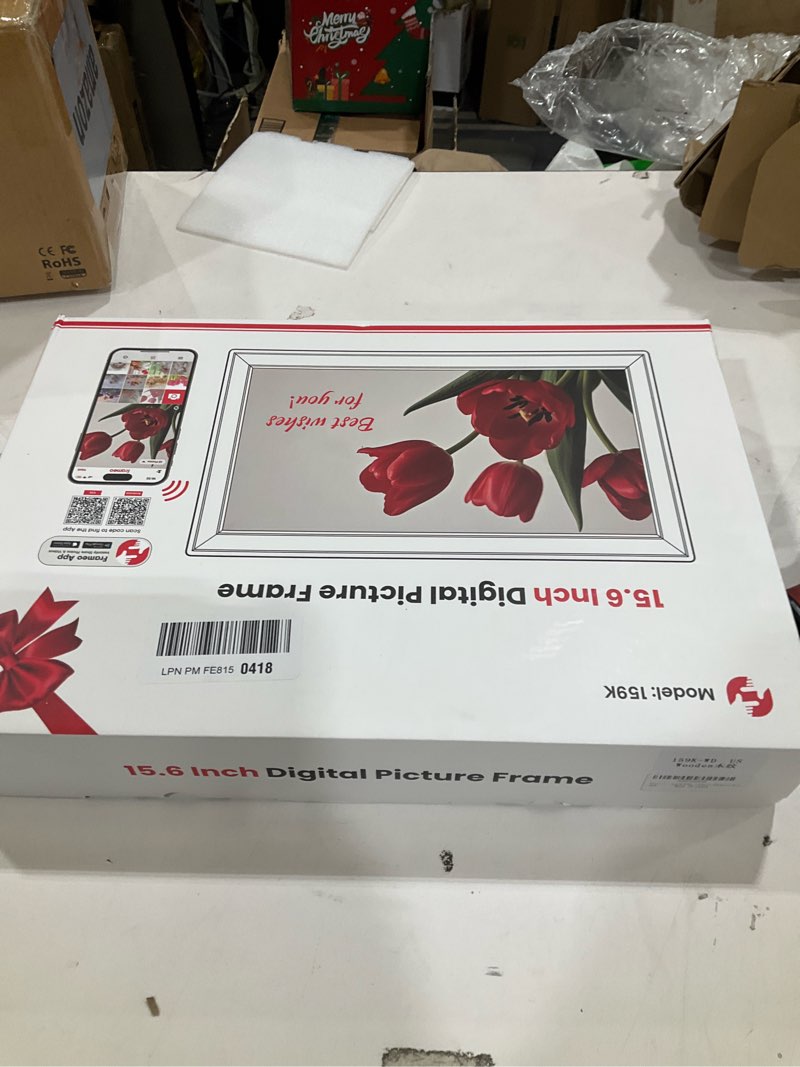 Condition photo showing New/Like New for 64GB 15.6" Frameo Digital Picture Frame WiFi, Large Electronic Photo Frames Wood 1920 x 1080 IPS FHD Touch Screen, Send Photos from Your Phone from Anywhere, Best Gifts for Family and Friends 15.6 Inch Brown Wood