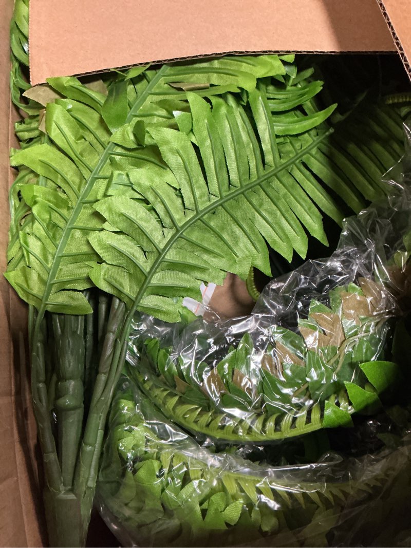 Condition photo showing As Is for 2pcs 45in fake ferns- large artificial plants outdoor, uv resistant artificial ferns for outdoors, 60 branches faux boston fern realistic weatherproof fake plants for porch home patio hanging decor 2 pcs