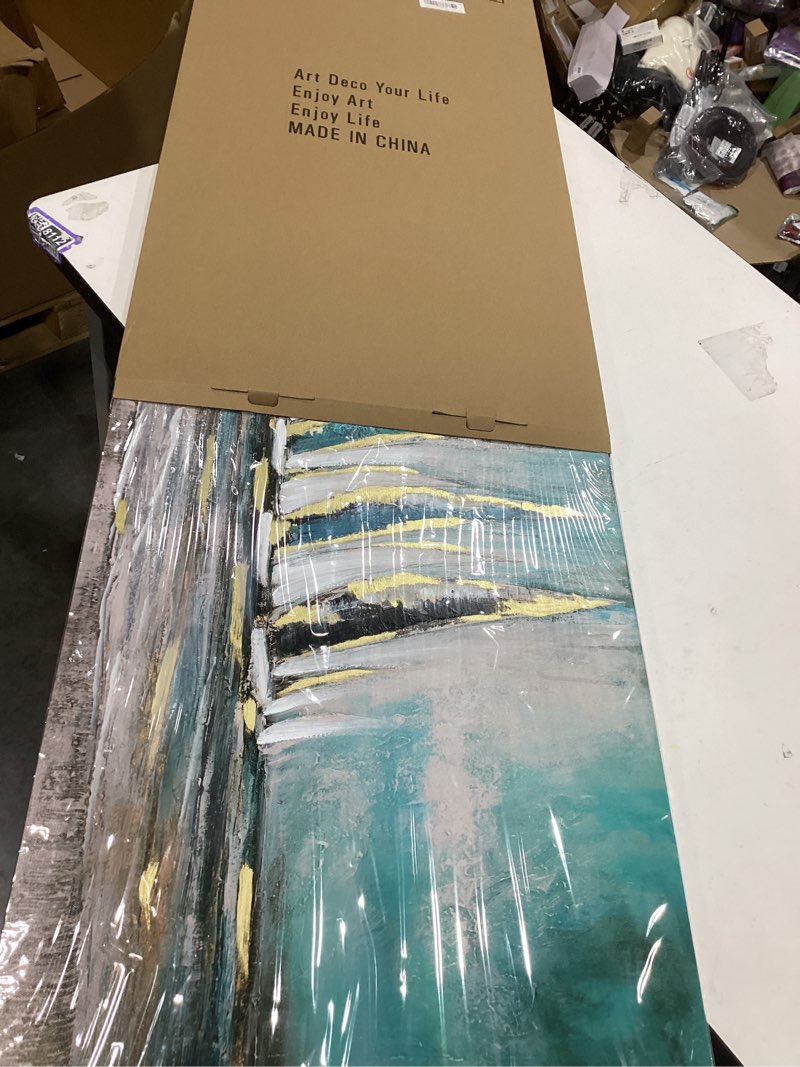 Condition photo showing New/Like New for Anolyfi Blue Abstract Canvas Wall Art Teal Ocean Sailboat Picture Modern Coastal Nautical Painting, Textured Artwork Large Framed for Living Room Bedroom Bathroom Kitchen Office Home Decor 40"x20" 40"L x 20"W Teal Sailboat