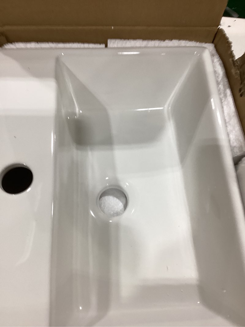 Condition photo showing Good Condition for Wall Mounted Bathroom Vessel Sink, QISHKA 15" X 12" Rectangular Floating Ceramic Wash Hand Basin White Wall Hung Vanity Sink for Bathroom and Cloakroom White 15" x 12" x 4.7"