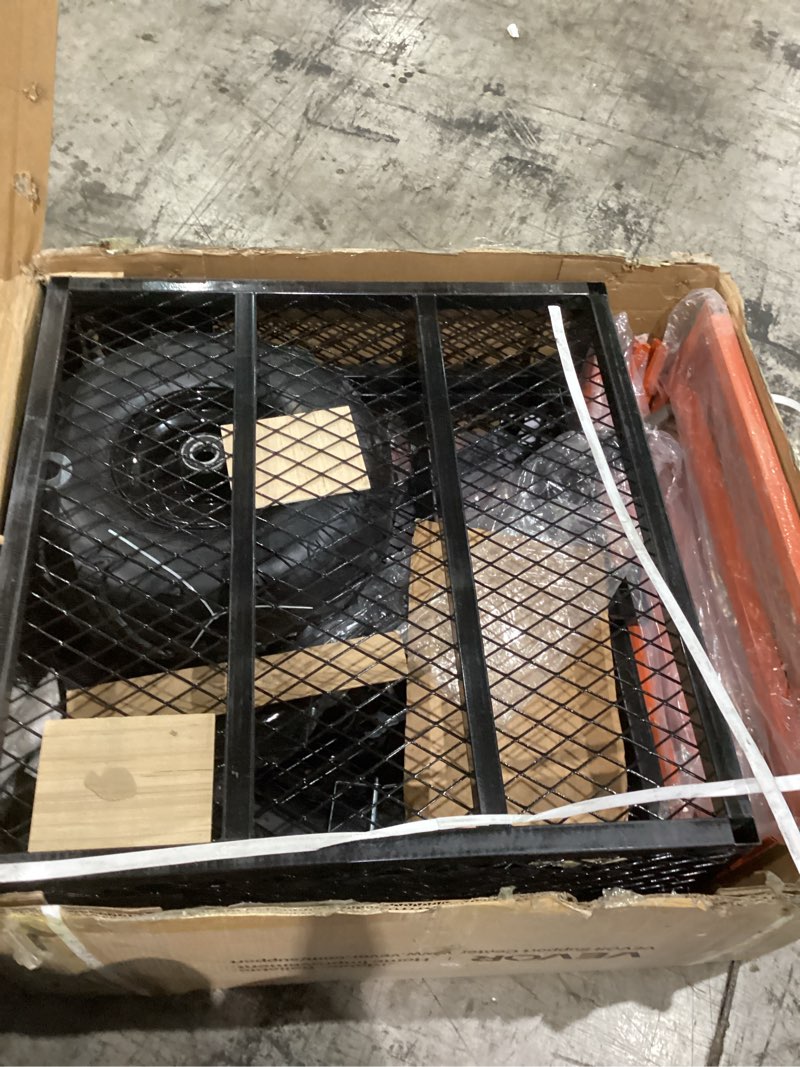 Condition photo showing As Is for summer sale  vevor heavy duty steel atv dump trailer, 1500-pound load capacity 15 cubic feet, tow behind dump cart garden trailer, with removable sides and 2 tires, for mowers, tractors, atv, utv