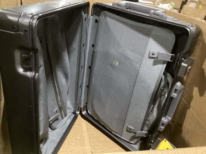 Condition photo showing As Is for LEVEL8 Gibraltar Aluminum Zipperless Luggage 20 Inch, Hardside Carry on Suitcases with Wheels Tsa Lock, 8 Spinner Wheels, Dark Grey