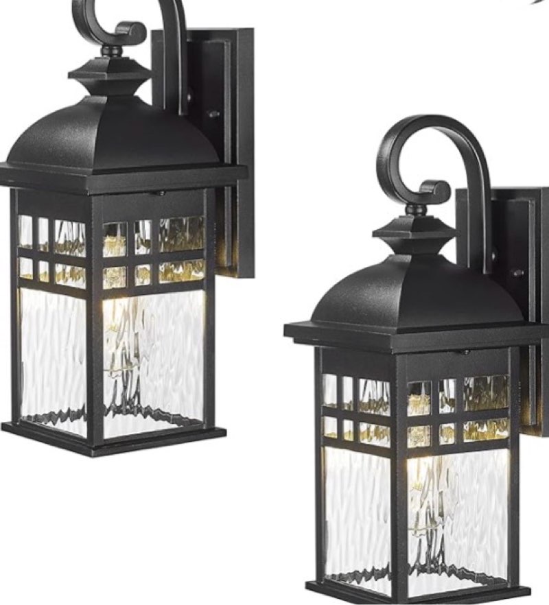 Emliviar DE279B-2PK BK-WP - Set of 2 Modern Porch Wall Sconces, 15 Inch Outdoor Wall Lights with Water Ripple Glass, Black Finish, DE279B-2PK BK-WP