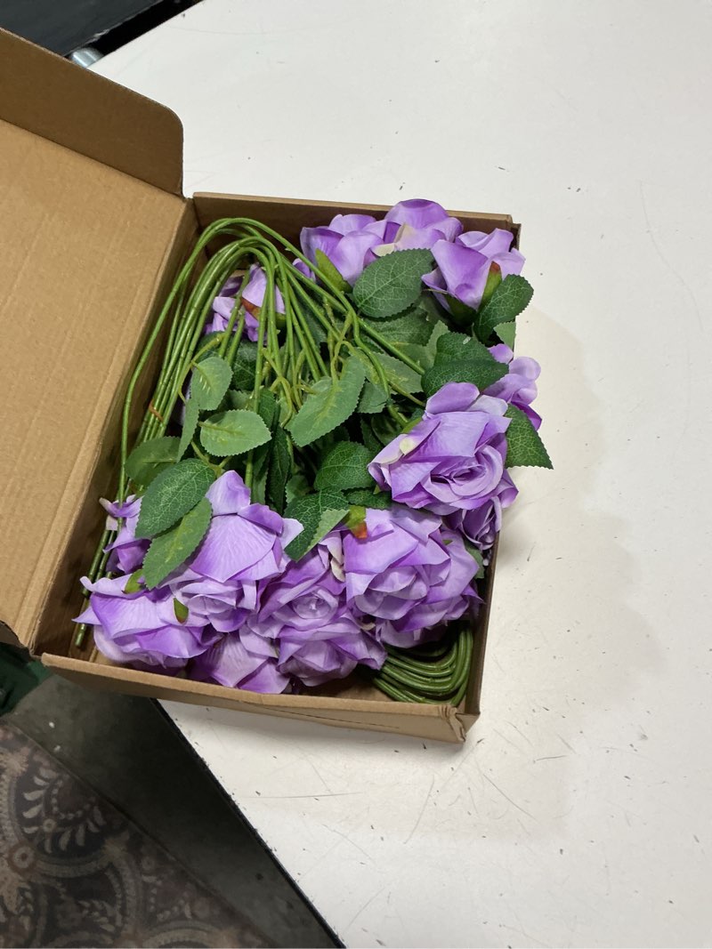 Condition photo showing Good Condition for 24 pcs lavender rose artificial flowers with long stem real touch silk plastic bouquet purple roses bulk for wedding party table centerpieces festival decorations