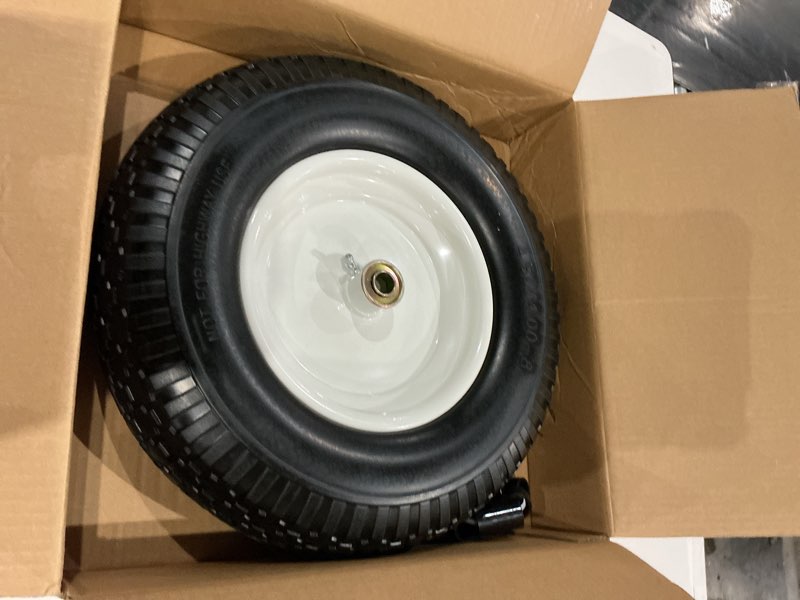Condition photo showing As Is for gicool 16" flat-free solid tire and wheel, 4.80/4.00-8" wheelbarrow tire, 3-6" centered hub, 5/8" & 3/4" bearing, for broadcast spreader garden wagon cart trolley dolly lawn mover (1 pack) 1 pack-3" hub