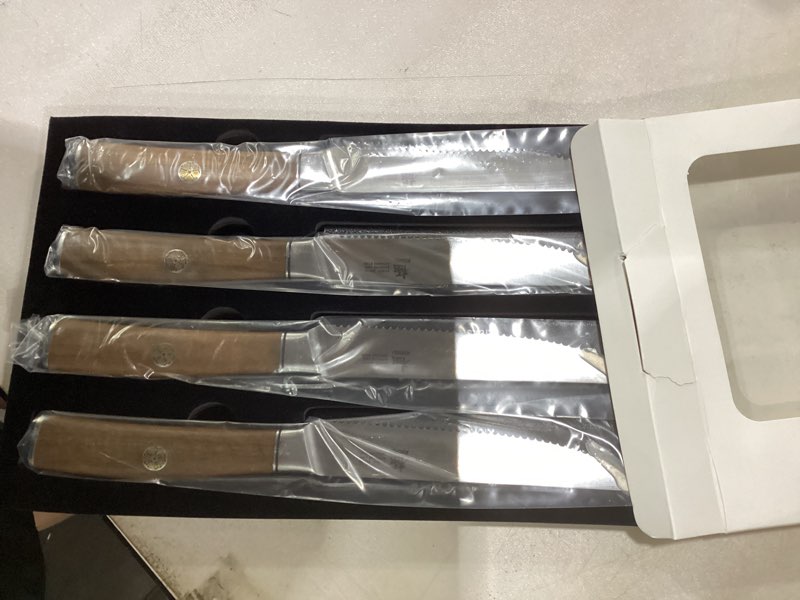 Condition photo showing As Is for KYOKU 5 Inch Steak Knife Set of 4 - Daimyo Series Japanese 440C Stainless Steel Serrated Steak Knives - Ergonomic Rosewood Handles Mosaic Pins - with Sheaths & Case