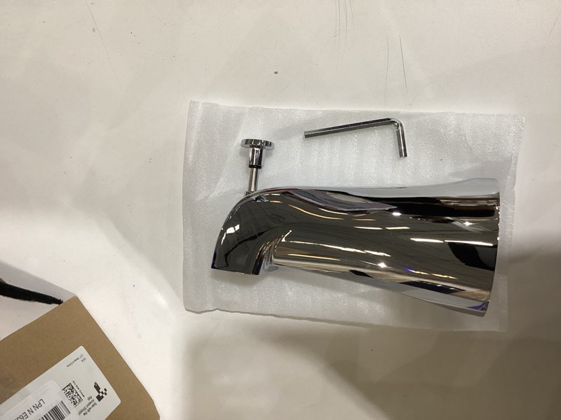 Condition photo showing As Is for universal bathtub tub spout with diverter, fits 1/2" slip-fit copper pipe connection, pull down bathtub faucet spout replacement, includes metal cover ring (chrome)