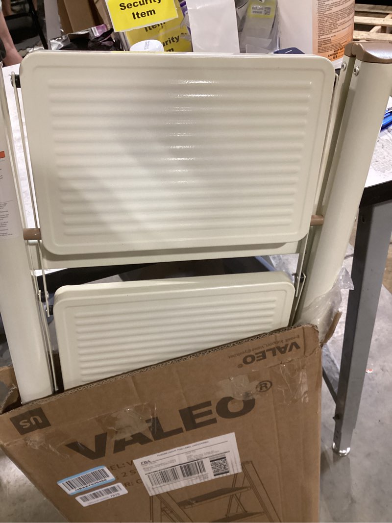 Condition photo showing Good Condition for valeo 2 step ladder,lightweight folding step stool with wide anti-slip pedal, 330lbs capacity, heavy duty,sturdy iron metal step stool for home, kitchen, closet, adults, cream white milk white 2 step