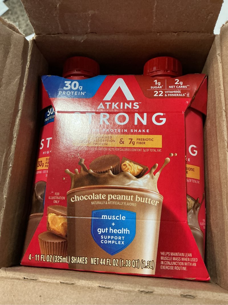 Condition photo showing New/Like New for ( bbd :06/07 /2027 )) atkins strong high protein shake, chocolate peanut butter flavor, 30g protein, glp-1 support, low carb and low sugar shake, keto friendly, gluten free, muscle and gut health support, 12 count chocolate peanut butter 11 fl oz (pack of 12)