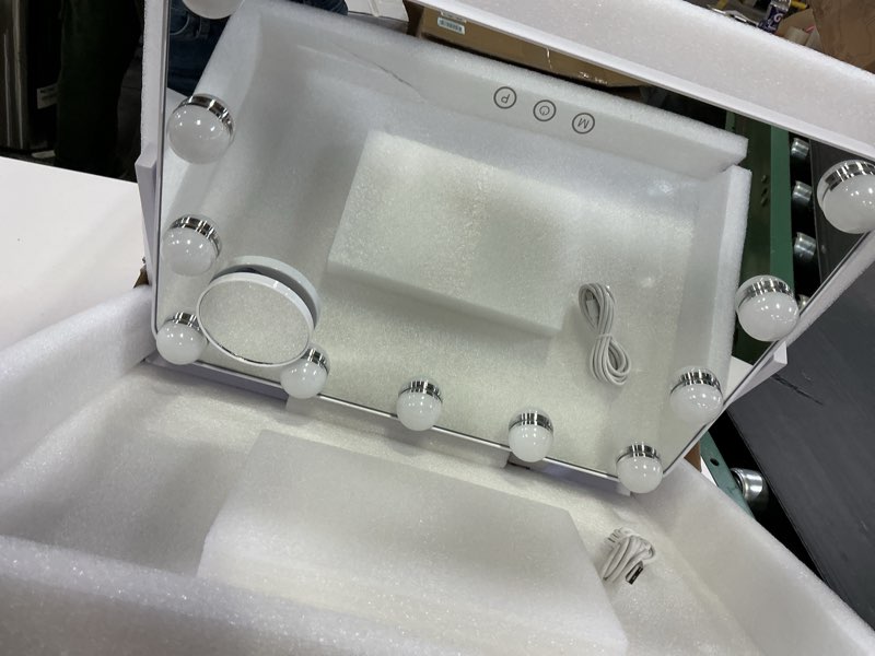 Condition photo showing Good Condition for 360° Vanity Mirror with Lights 11 Led Bulbs Hollywood Lighted Makeup Mirror with 5X Magnification Mirror Hollywood Cosmetic Mirror Tabletop Makeup Mirror with 3 Lighting Modes 16x13 Inch