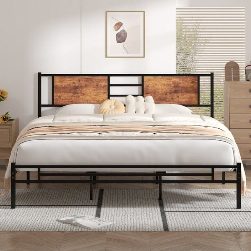 VECELO King Size Platform Bed with Headboard, Heavy Duty Metal Bed Frame with Steel Slat Support, No Box Spring Needed/Easy Assembly, Black