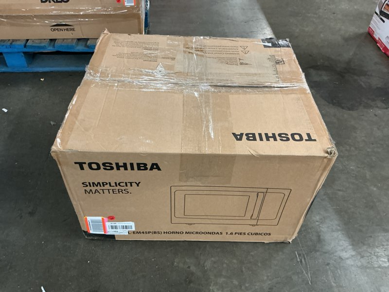 Condition photo showing As Is for TOSHIBA ML-EM45P(BS) Countertop Microwave Oven with Smart Sensor and 13.6" Removable Position Memory Turntable, Sound On/Off Function, 1200W, 1.6 Cu.ft, Black Stainless Steel Sensor-1.6 Cu.Ft.