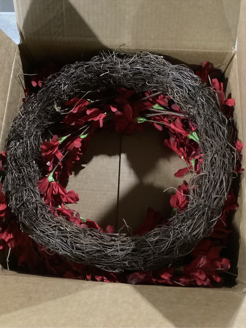 Condition photo showing Good Condition for Spring Wreath for Front Door, 24 Inch Spring Red Forsythia Wreath Blossom Cluster Flower Farmhouse Wreath on Grapevine for Festival Celebration Front Door Wall Window Decoration Home Decor