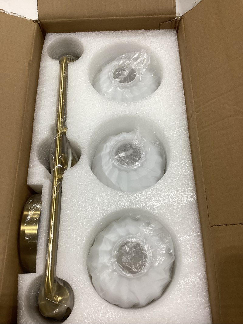 Condition photo showing New/Like New for Brushed Gold 3-Light Vanlity Light Over Mirror,Wall Sconces,Gold Brass Bathroom Light Fixture with Milk White Glass Flower Shade,E26 Socket(Bulbs Not Included) Gold-3 Light