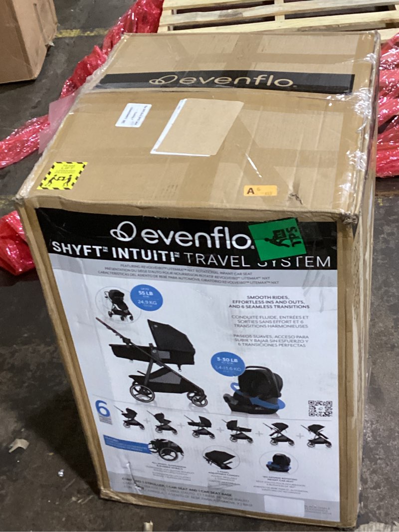 Condition photo showing As Is for Evenflo Shyft Intuiti Travel System with Revolve180 LiteMax™ NXT Rotating Rear-Facing Lightweight Preemie and Infant Car Seat 3-30 lbs. (Black Shale) No Sensory Soothe Black Shale