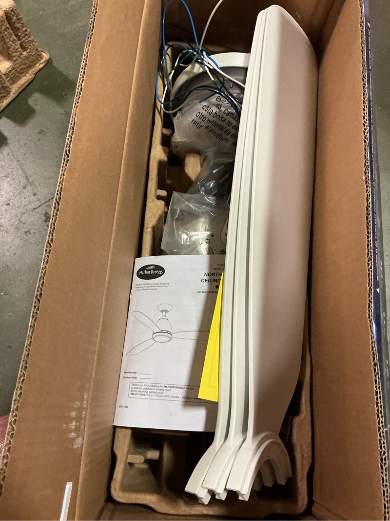 Condition photo showing As Is for Harbor Breeze Mazon 44-in Brushed Nickel Flush Mount Indoor Ceiling Fan with Light Kit and Remote (3-Blade)