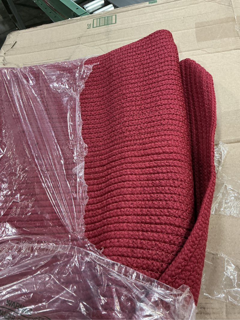 Condition photo showing Good Condition for better trends braided rug, alpine braid collection - durable, spot clean, reversible indoor utility rug, 100% polypropylene rug, vibrant color rug, 24" x 68" x 68" l-shape rug, burgundy solid 2' x 5'8" (l-shaped) burgundy solid