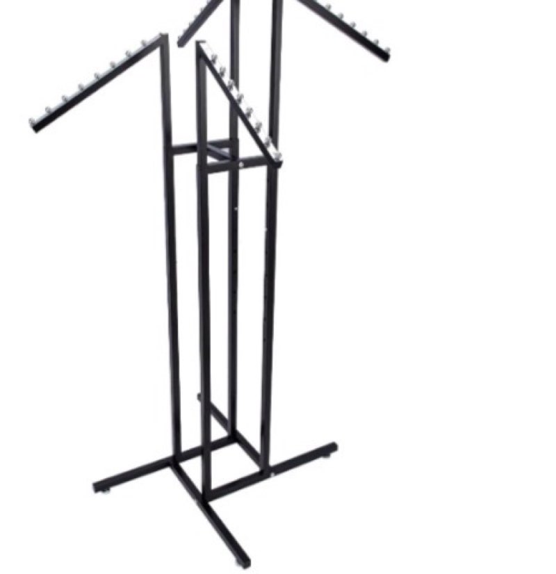 SSWBasics Black 4 Way Adjustable Clothing Rack with Slanted Arms - Retail Clothing Rack Display - Adjustable Height Arms from 48" to 72" Perfect for Clothing Stores
