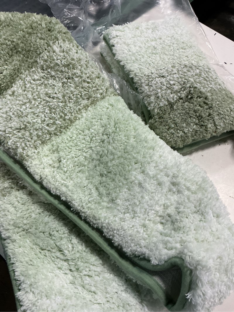 Condition photo showing Good Condition for olanly bathroom rug set 2 piece, soft absorbent microfiber bath rug set, non-slip, machine wash dry, plush shaggy bath mats for bathroom (47"x20"+24"x16", sage green) 47" x 20" + 24" x 16" sage green