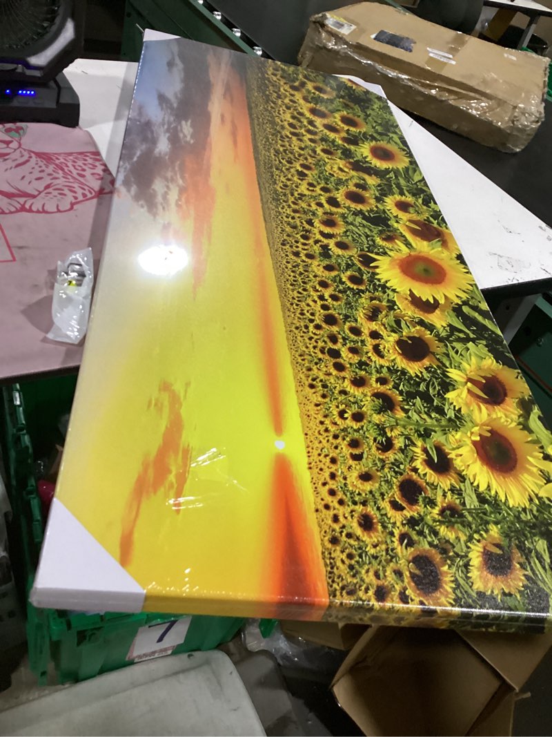 Condition photo showing New/Like New for sunflower canvas wall art brilliant sunflower with sunset landscape picture painting printed on canvas framed and stretched floral wall decor for home living room bedroom office kitchen wall decoration 20"x48" ready to hang