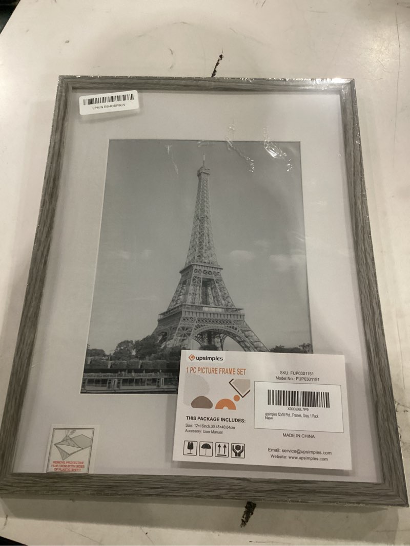 Condition photo showing New/Like New for upsimples 12x16 picture frame, display pictures 8.5x11 with mat or 12 x 16 without, wall hanging poster frames, gray, 1 pack gray 12x16