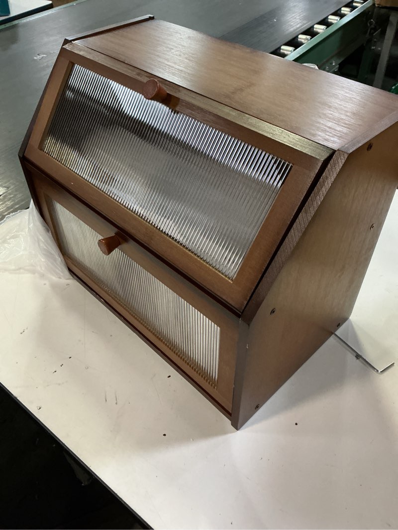 Condition photo showing As Is for Bread Box for Kitchen Counter, Large Bamboo Wood Double Layer Bread Box, Wooden Bread Storage Capacity Brown Large