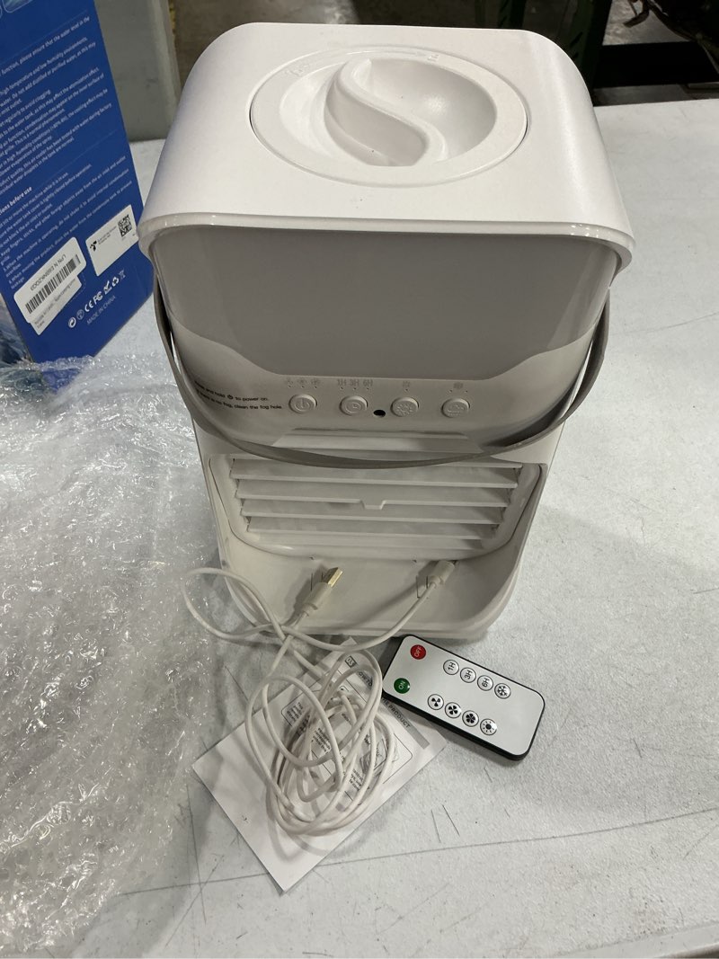 Condition photo showing As Is for portable air conditioners,4-in-1 air conditioner,2.3-second cooling & 3 fan speeds,1600ml water tank with 2 mist,10 color night light,remote control,portable ac for room,car,bedroom,office,outdoor white
