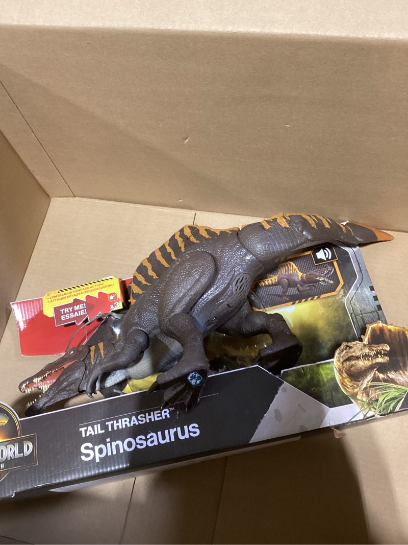 Condition photo showing Good Condition for Mattel Jurassic World Rebirth Dinosaur Toy, Tail Thrasher Spinosaurus Action Figure with 2 Attack Moves, Movie-Accurate & Posable, Digital Play Multicolor