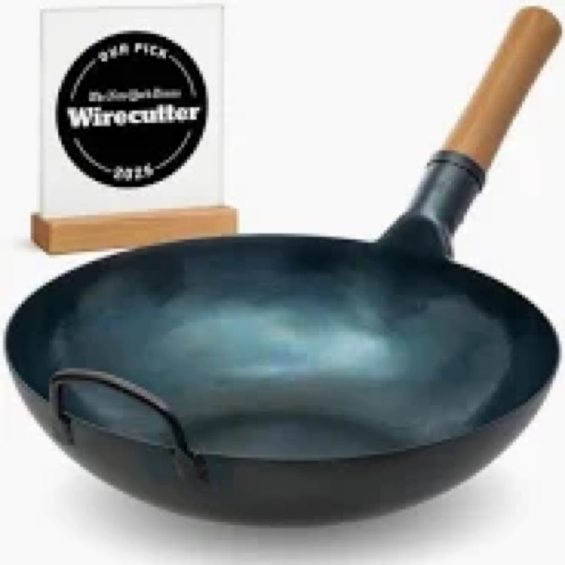 Yosukata 13.5 inch Carbon Steel Wok Pan Pre-Seasoned Flat Bottom Wok for Stir Fry, BBQ &