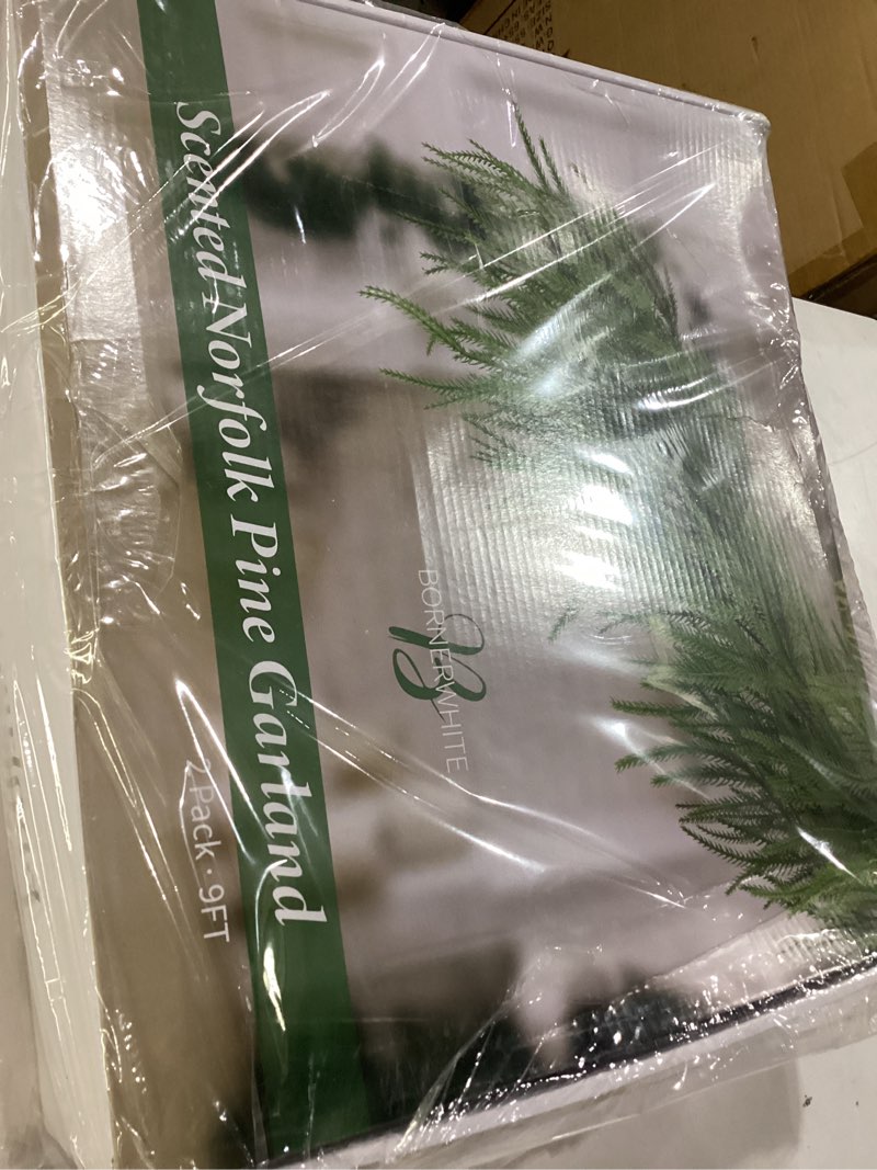 Condition photo showing New/Like New for 2pcs 9ft scented christmas norfolk pine garland real touch winter fir scent artificial pine garlands deluxe norfolk cedar garland for holiday indoor table fireplace wall mantle stair home decor 2 9ft