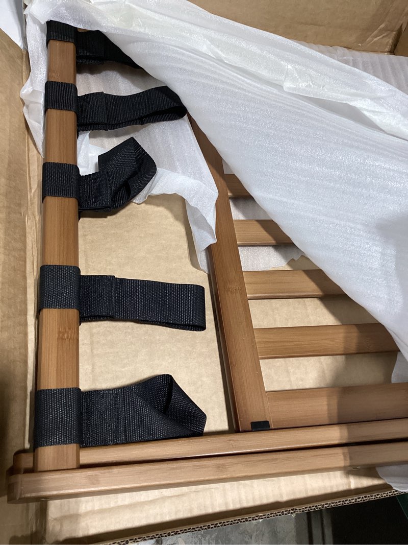 Condition photo showing Good Condition for 26.77“ fully assembled dark walnut luggage racks with folable storage shelf, 5 heavy-duty straps bamboo suitcase stand, luggage holders for guest room, bedroom, hotel dark walnut-1pack