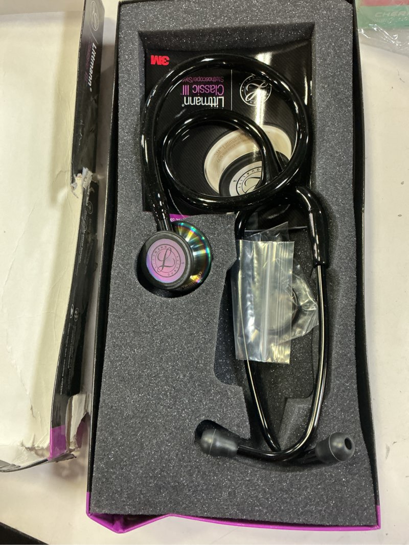 Condition photo showing Good Condition for 3M Littmann Classic III Monitoring Stethoscope, 5870, More Than 2X as Loud, Weighs Less, Stainless Steel Rainbow-Finish Chestpiece, 27" Black Tube, Stem and Headset Black Tube, Stem, Headset Rainbow - Finish Chestpiece