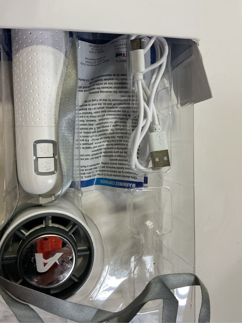 Condition photo showing As Is for arctic air cool touch - portable handheld fan, mini usb rechargeable, compact & lightweight, 4-speed adjustable, battery-powered, quiet & perfect for travel & outdoor, white color, aactfw-mc12/4