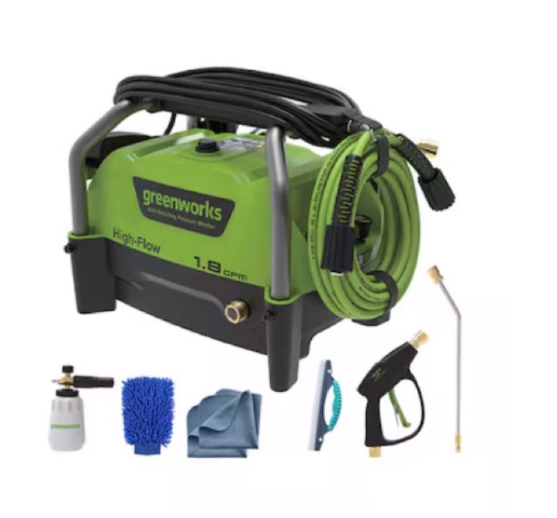 greenworks high flow automotive 1200-psi 1.8-gpm cold water electric pressure washer with 3 spray tips
