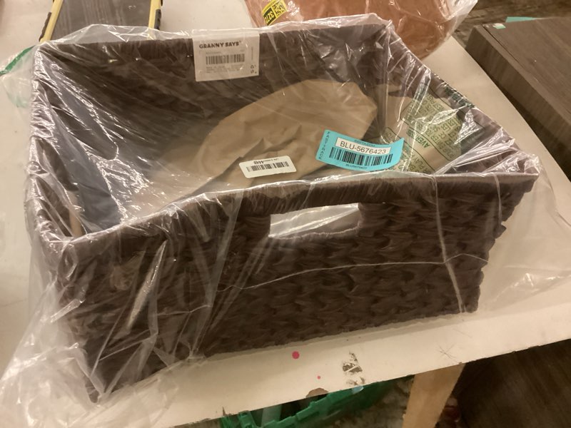 Condition photo showing As Is for granny says large wicker basket, decorative woven basket for storage, waterproof storage basket organizer, wicker storage basket for organizing, brown basket, 1-pack 16 ½"l x 13"w x 7 ½"h brown