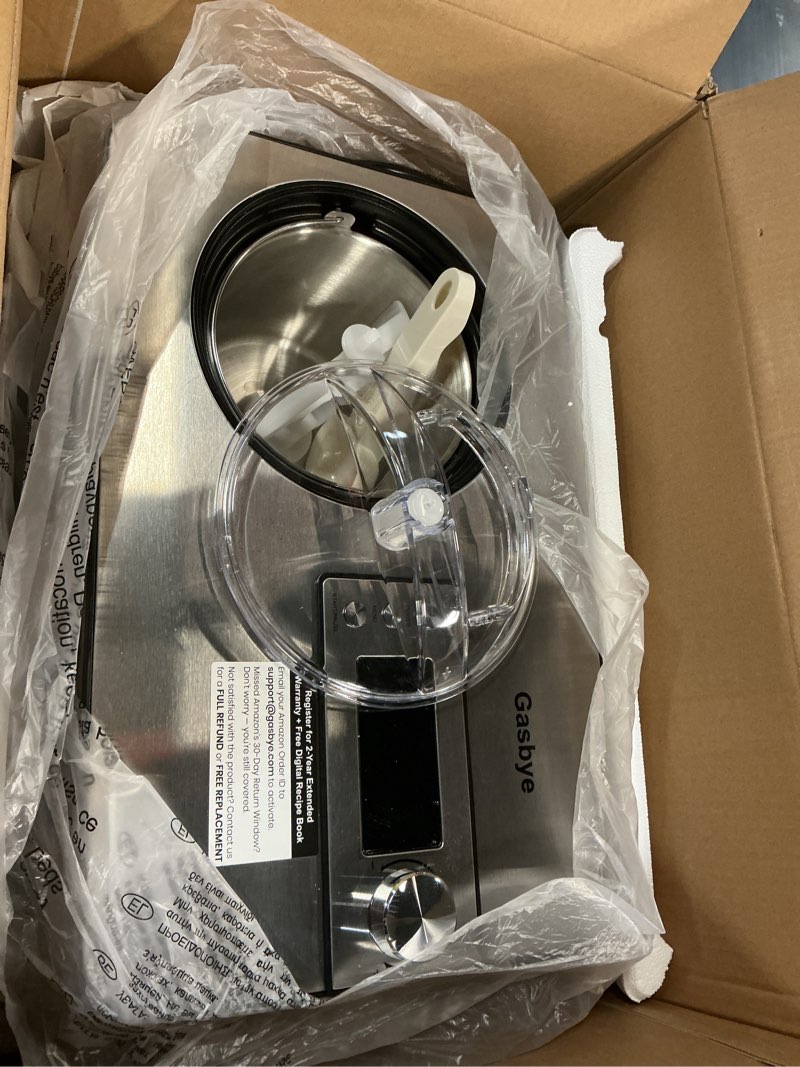 Condition photo showing As Is for ice cream maker with upgraded compressor, [40% faster freezing], no pre-freezing needed, led display, 2.1 qt capacity, easy operation for ice cream & yogurt, stainless steel stainless steel 2.1 quart