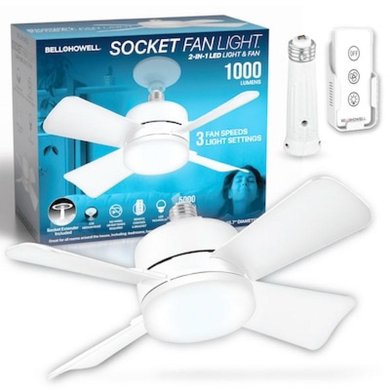 bell + howell socket fan 15.7-in white with white blades flush mount ceiling fan with light