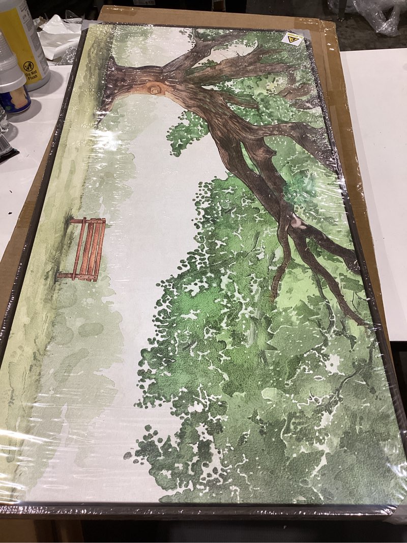 Condition photo showing Good Condition for framed landscape canvas wall art for living room - contemporary large tree shade sage green painting with park bench, nature artwork prints for bedroom office nursery hallway wall decor, 20x40 inch 40"l x 20"w tree