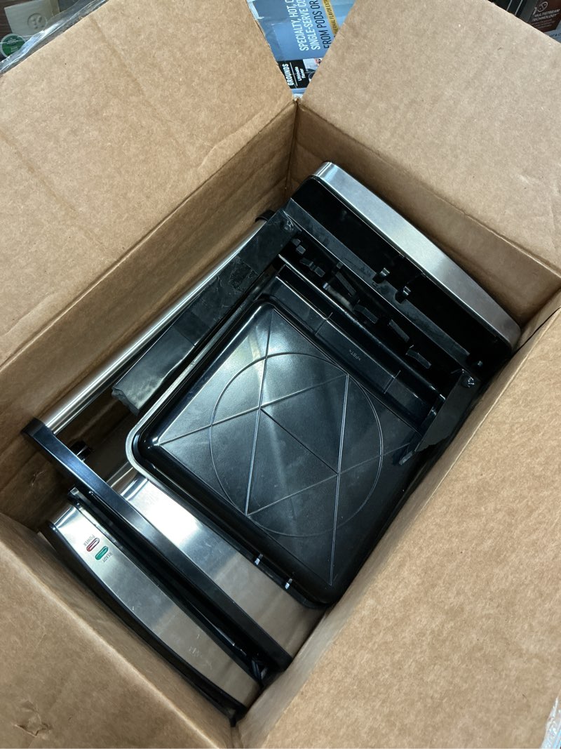 Condition photo showing As Is for Hamilton Beach Electric Indoor Searing Grill with Viewing Window & Adjustable Temperature Control to 450F, 118 sq. in. Surface Serves 6, PFAS-Free Removable Nonstick Grate, Stainless Steel Stainless Steel Viewing Window