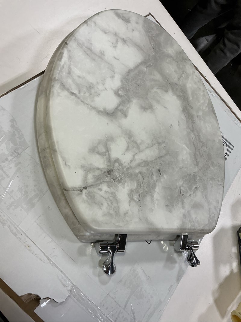 Condition photo showing As Is for Angol Shiold Elongated Marble Toilet Seat with Zinc Alloy Hinges, Easy to Install and Clean, Anti-pinch (Gray) Elongated-18.5” Grey Marble