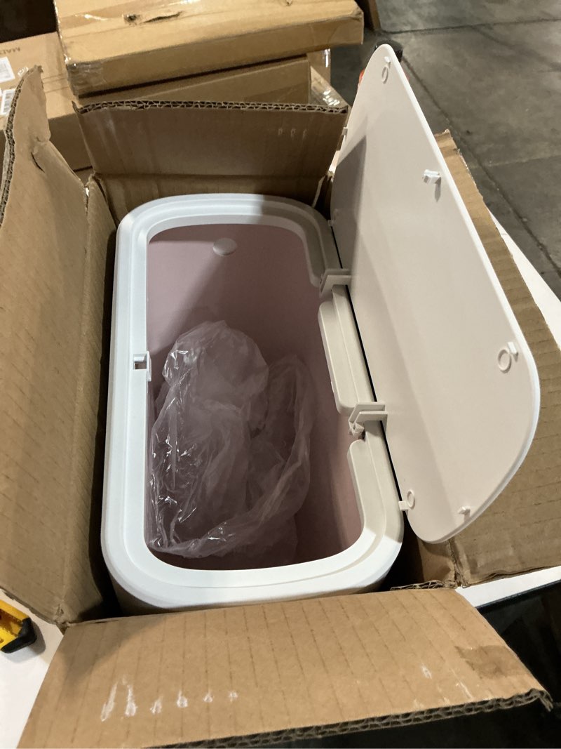 Condition photo showing As Is for Bathroom Trash Can with Lid, 12L Small Plastic Garbage Can for Kitchen with Press Top Lid, 3.2 Gallon Slim Dog Proof Wastebasket Trash Bin for Office, Bedroom, Living Room, Home Cabinet-Pink