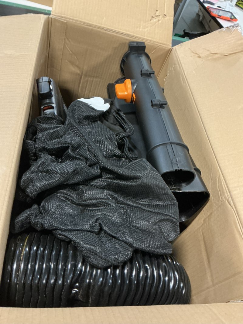 Condition photo showing As Is for worx trivac 3 in 1 electric leaf blower for lawn care, leaf vacuum with 350 cfm & 210 mph, leaf mulcher with metal impeller, reusable bag included, wg505.2 350cfm w/leafpro collection system